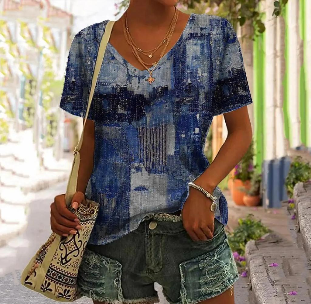 Women's T-Shirt Oversized Retro Printed Short-Sleeved V-Neck Fashion Casual Top Street Breathable Summer Women's Clothing