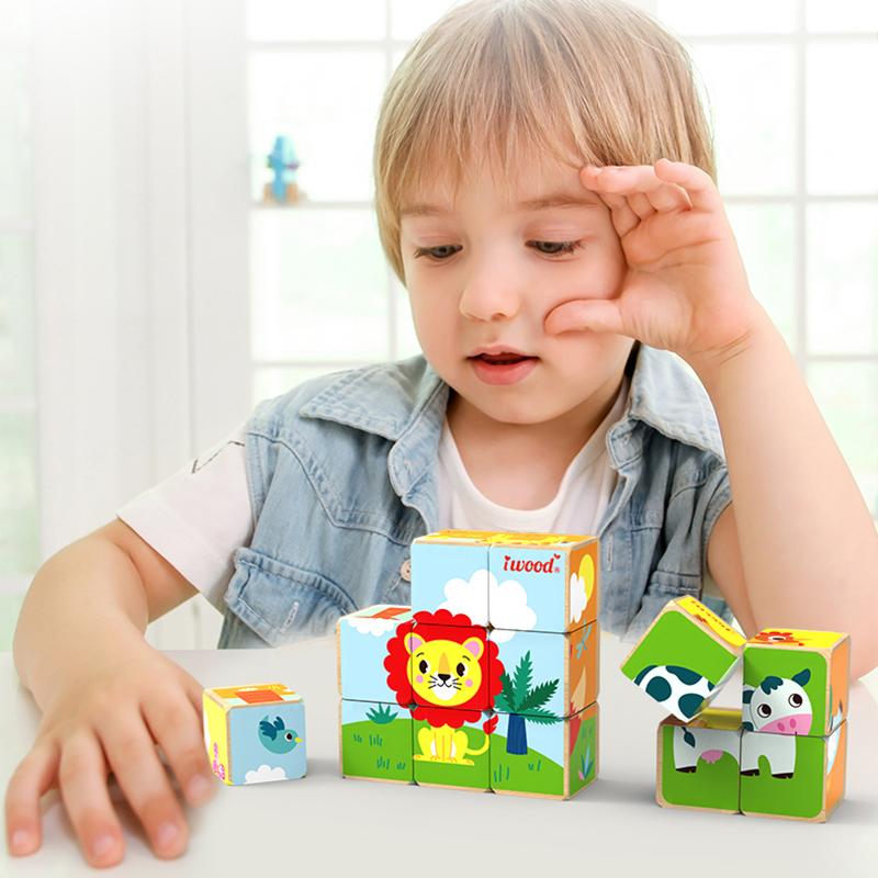 Children's Puzzle for Ages 1-3: Educational Wooden Early Learning Toy with 9 Pieces and Six-Sided Pictures