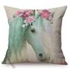 Animal Throw Pillow Case Flowers Water Color Decoration Square Cushion Cover Cattle Horse Alpaca Linen Bed Sofa Cushions Cover