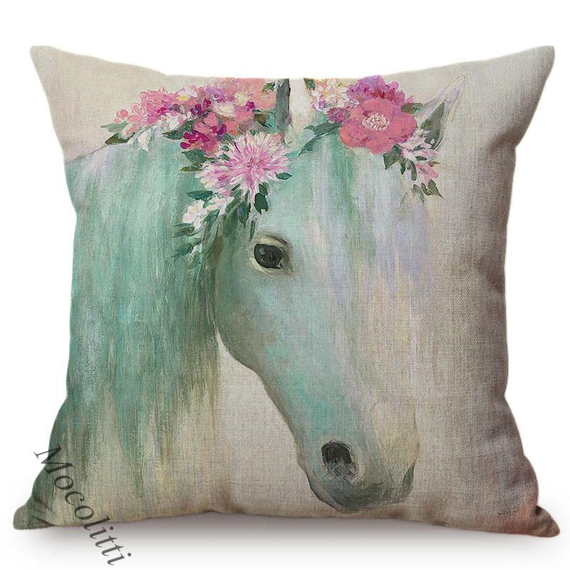 Animal Throw Pillow Case Flowers Water Color Decoration Square Cushion Cover Cattle Horse Alpaca Linen Bed Sofa Cushions Cover