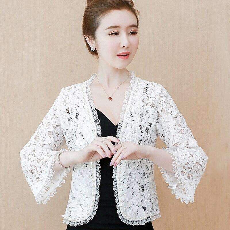 Summer Beaded Flare Sleeve Black White Lace Cardigan Short Jacket Women Coat J229