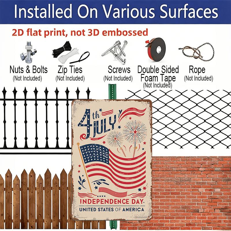 2D Flat Vintage 4th of July Independence Day Aluminum Wall Art Sign - Patriotic American Flag Design with Fireworks & Stars, Rustic Home Decor for