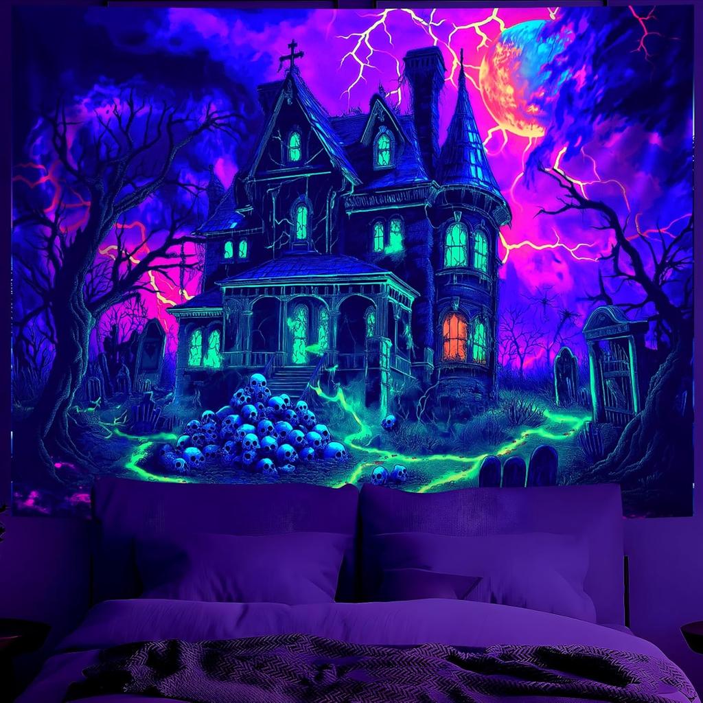 BVBOX Blacklight Halloween TapestryUV Reactive Glow In The Dark Black Light Trippy Tapestry Posters for Living Room, B