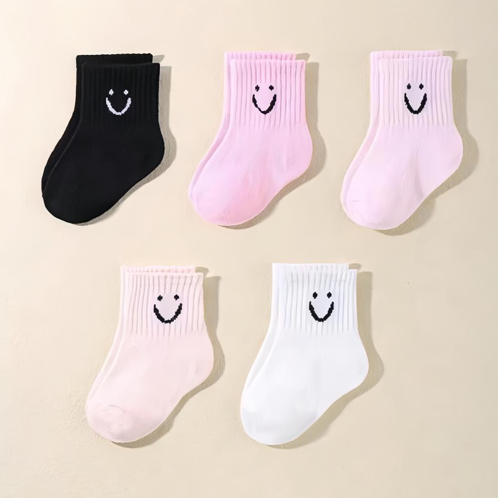 5 Pairs Baby Socks Cotton Toddler Soft Comfortable Breathable All-Season Cartoon Smile Pattern Kids Footwear For 0-5 years