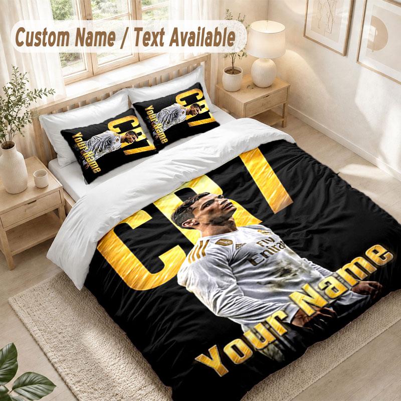 Custom Name Bedding Set 3 PiecesCristiano Ronaldo Print Duvet Cover + 2 Pillowcases Soft Bed Decor