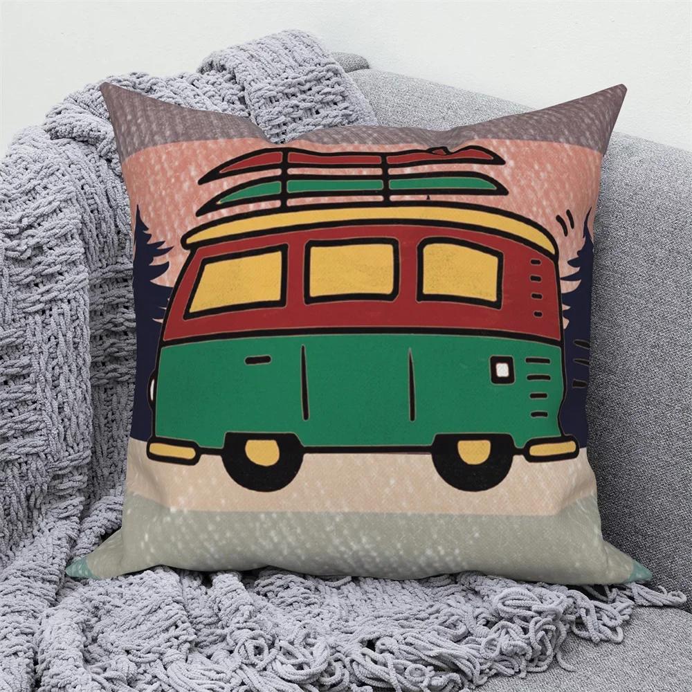 Decorative Cushion Covers Camping Bus Printed Pillow  Home Sofa Throw