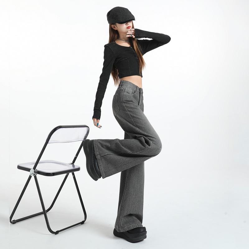 Women's Striped Wide-Leg High-Waisted Jeans - Slimming Loose Fit Black-Gray Floor-Length Pants for Spring and Autumn