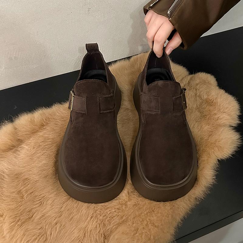 Fashion Women's Fashion Thick Sole Single Shoes Spring New Round Head Suede Metal Buckle Anti-slip Wear-resistant Flat Shoes