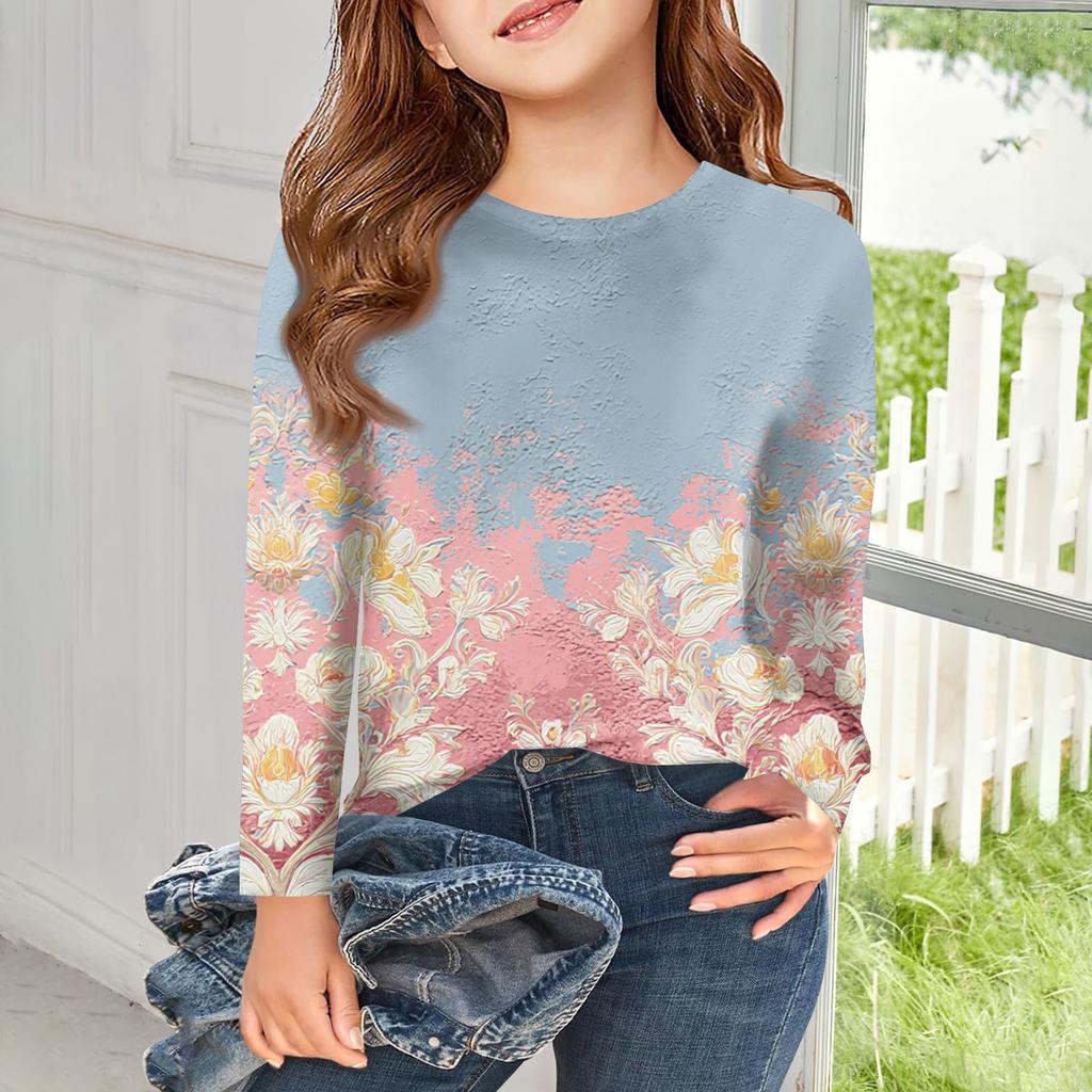 Girls Long Sleeve T Shirts Kids Fall Tops Crewneck Printed Basic Tees