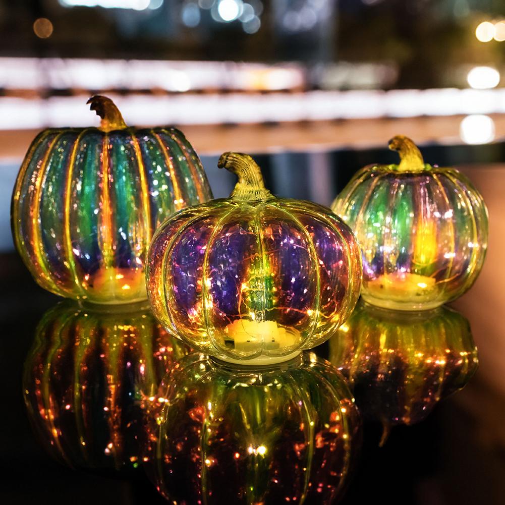 Halloween Twinkle LED Light Pumpkins with Timer Lighted Sparkling Starry Night Glass Pumpkin Lamp Outdoor Lighted Decorations