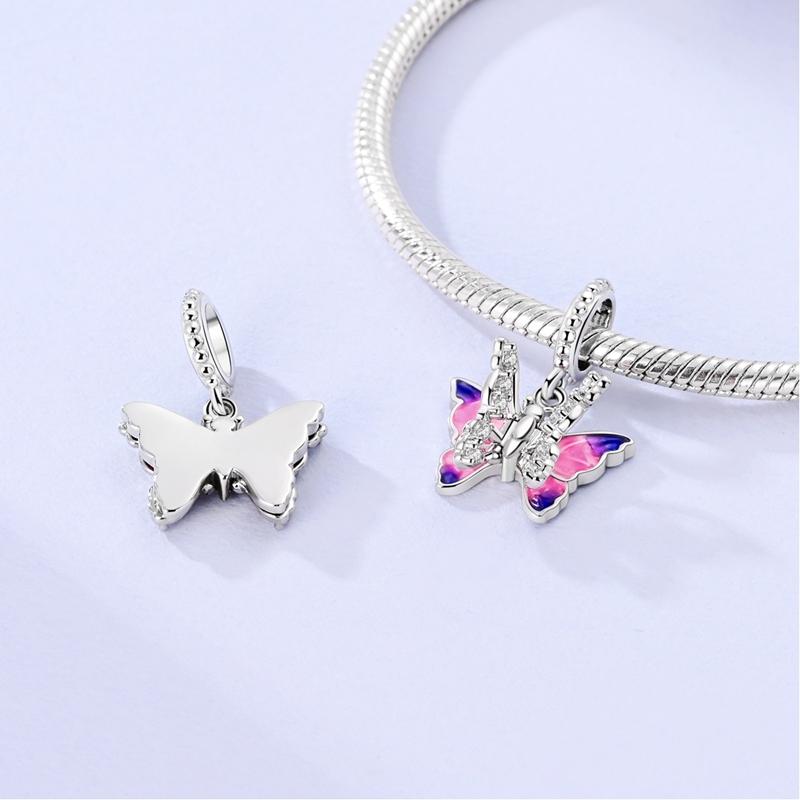 Beads Copper Fine Pink Zircon Butterfly Pendants Fit Beads Plata Authentic Bracelet Charms Women Jewellery Making