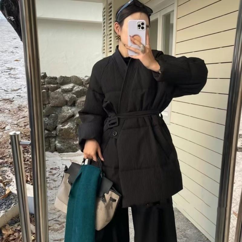 Korean Style V-neck Belted Down Jacket for Women In Autumn and Winter New Style