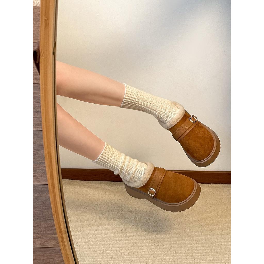 Khaki retro thick bottom heightened plush slippers outer wear 2025 winter warm Birkenstocks cotton slippers