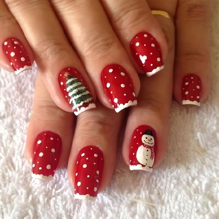 Festive Christmas Themed Red Fake Nail Short Square Press On Nail Christmas Snowflakes Short SquareDesign Manicure Kit