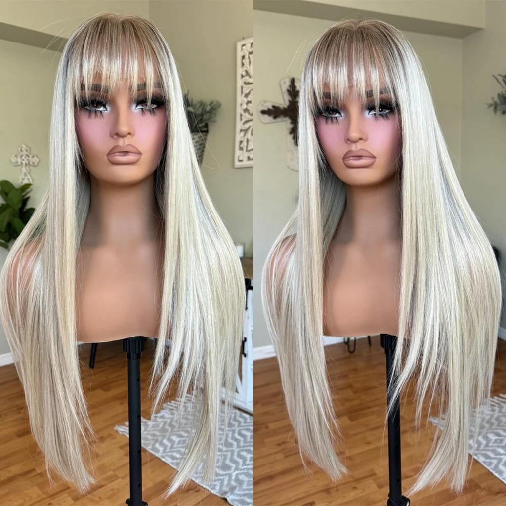 White Wig With Bangs Body Wave Lace Fornt Wig Synthetic And Blend Premium Fibre Heat Resistant Cosplay Pre Plucked For Women