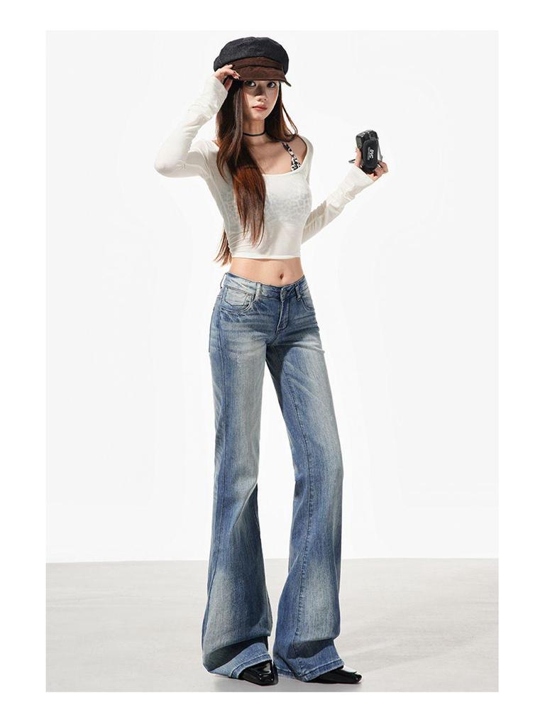 2026 Spring Women's High-Waisted Embroidered Micro-Flare Jeans In American Retro Blue.
