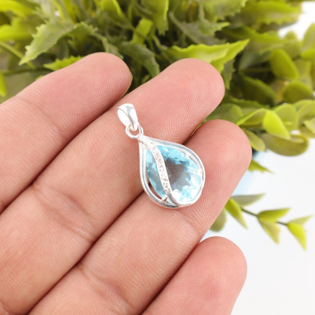 Pear Sky Blue Topaz Gemstone 925 Sterling Silver Jewelry CZ Minimalist Pendant CZP-7-3