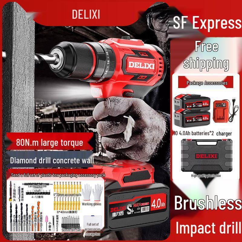 Delixi Brushless Lithium Electric Hand Drill - Pistol Grip for Household Wall Drilling and Impact Holes
