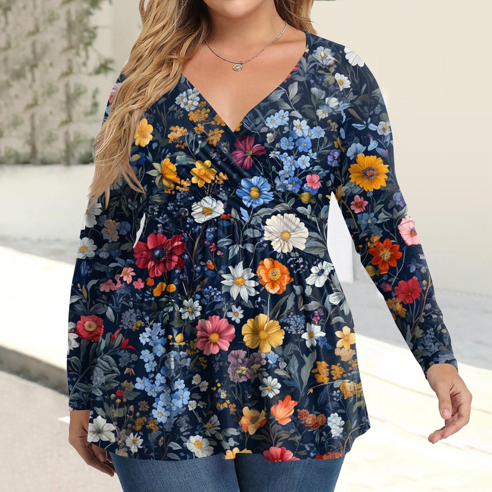 

Женская рубашка большого размера с длинным рукавом, принт, плиссированный повседневный топ с V-образным вырезом XXXL