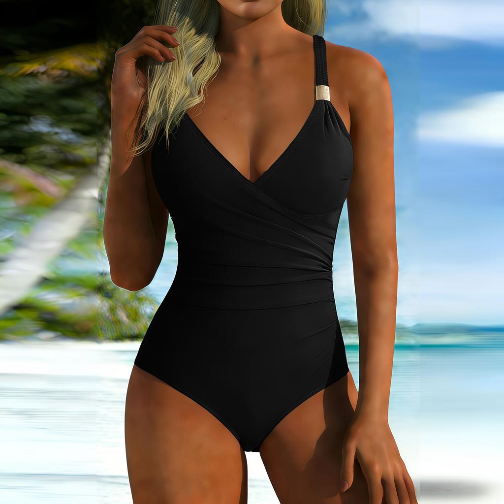 Women Swimsuit V Neck Ruched Design Adjustable Strap Bathing Suit with for Beach Pool