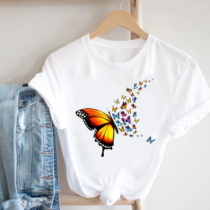 Watercolor Butterfly Tee Top Women Print Summer Fashion T-shirt Elegant Clothing Casual Short Sleeve Lady Female Graphic T-shirt