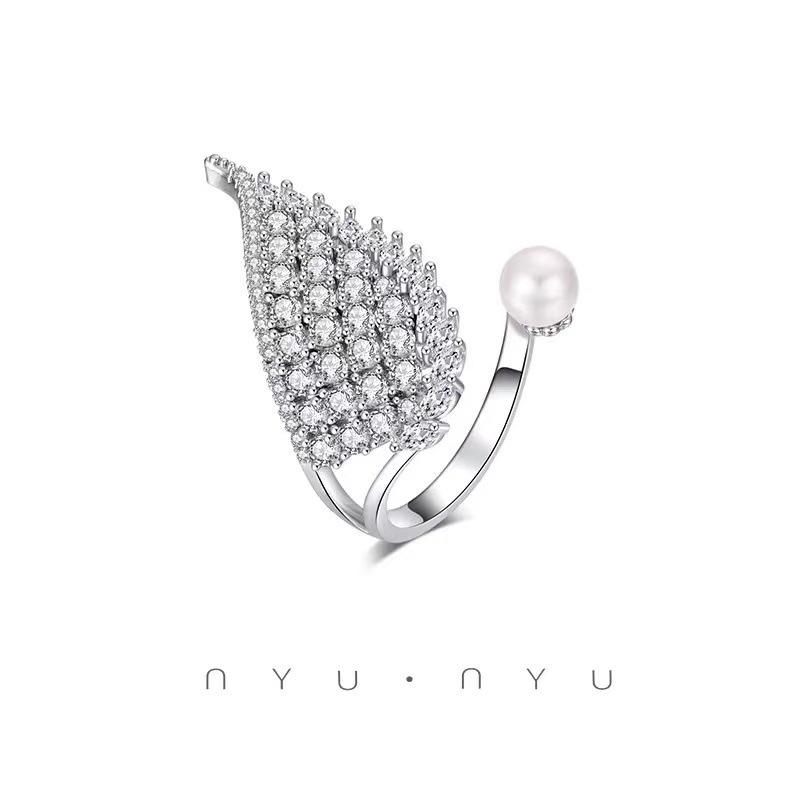 Korean Fashion Rhinestone, Feather & Pearl Adjustable Ring - Light Luxury & Trendy Style for Women
