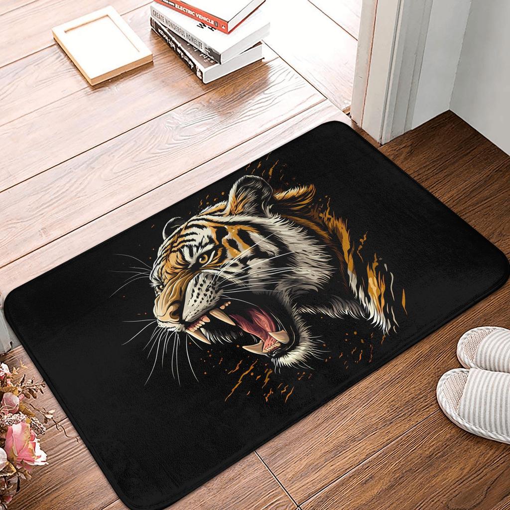 Ferocious Tiger Door Mat - & Orange Tiger Design, Machine Washable Polyester, Rectangular Mat for Bathroom, Bedroom, Living