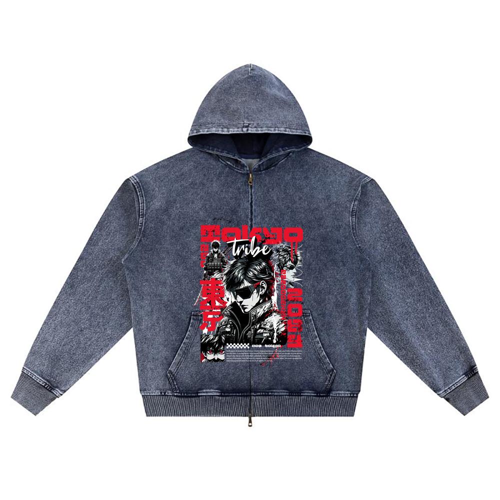 

DTG print Knitted Denim Zip-Up Hoodie Neo Tokyo Tribe Brother Print Zipper Hoodies XL темно-синий