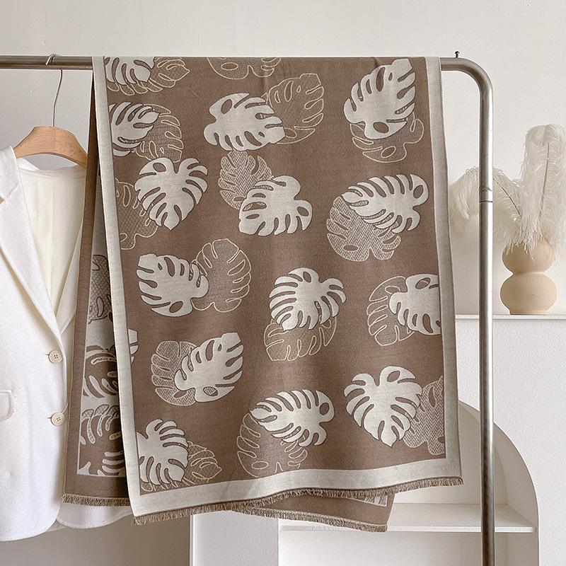 Blattdruck Kontrastfarben doppelseitiger Kaschmirimitat-Schal Winter hochwertiger warmer Schal Damen