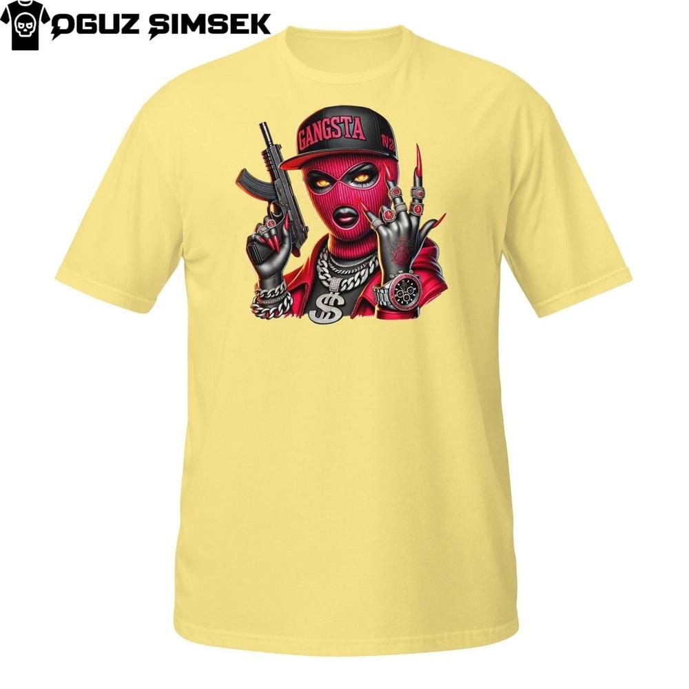 

Streetwear Gangsta Tee – Femme Fatale in Red Balaclava with Hip Hop Bling 3XL