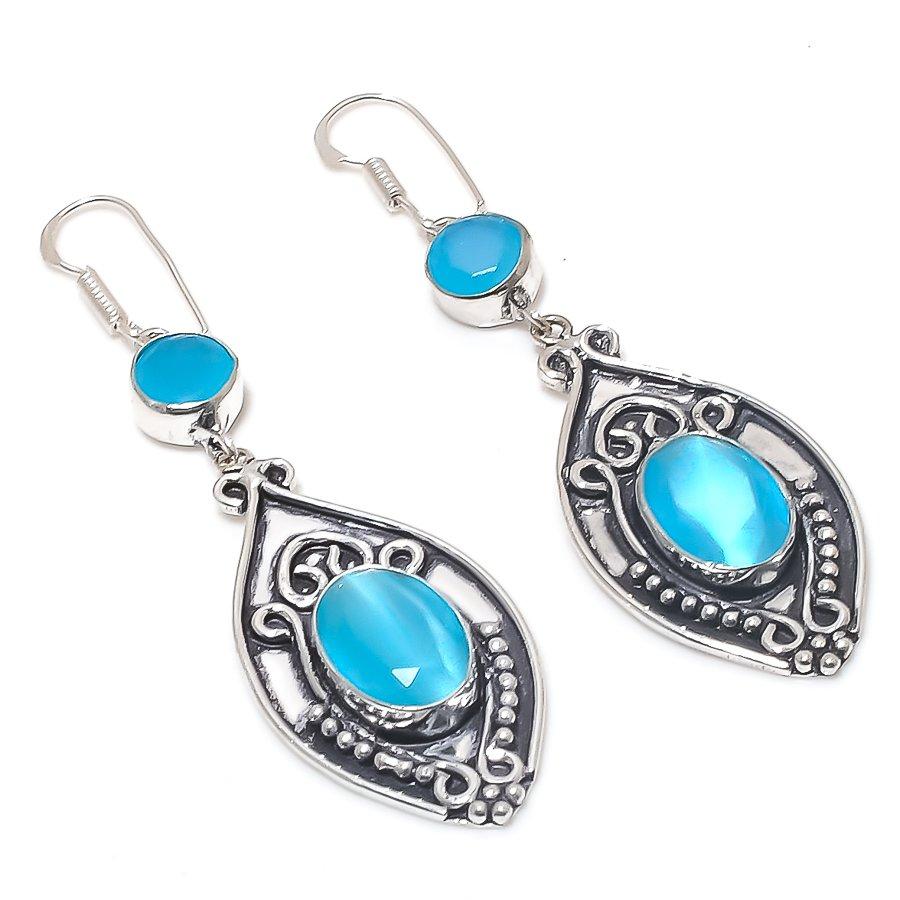 Natural Blue Chalcedony Gemstone Handmade 925 Sterling Silver Earring 2.76" F3c01