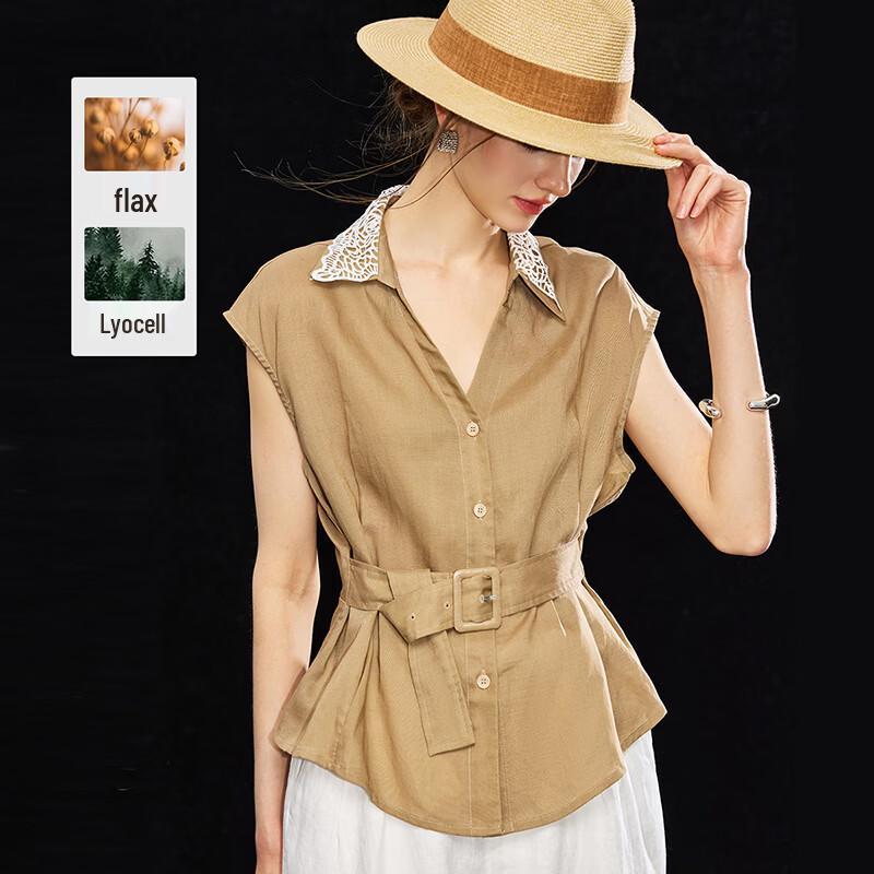 Women s Tencel Linen French Lace Lapel Sleeveless Blouse L