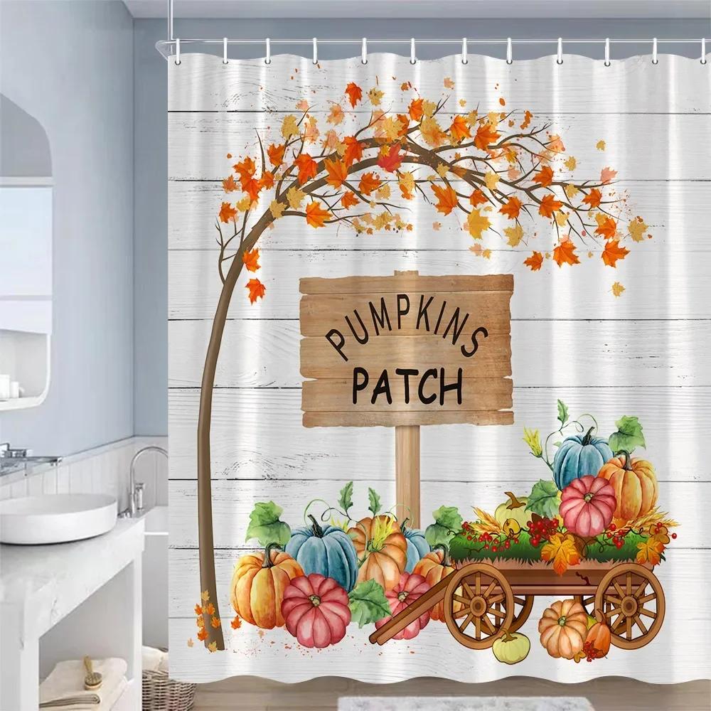 Farm Pumpkin Sunflower Shower Curtains Maple Leaves Cat Truck Autumn Scenery Waterproof Fabric Bathroom Curtain Decor With Hooks