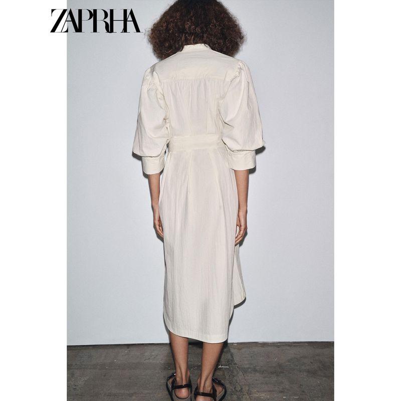 Zaprha 2025 Autumn New With Belt Puff Sleeve Round V-neck Shirt Midi Dress 8193325