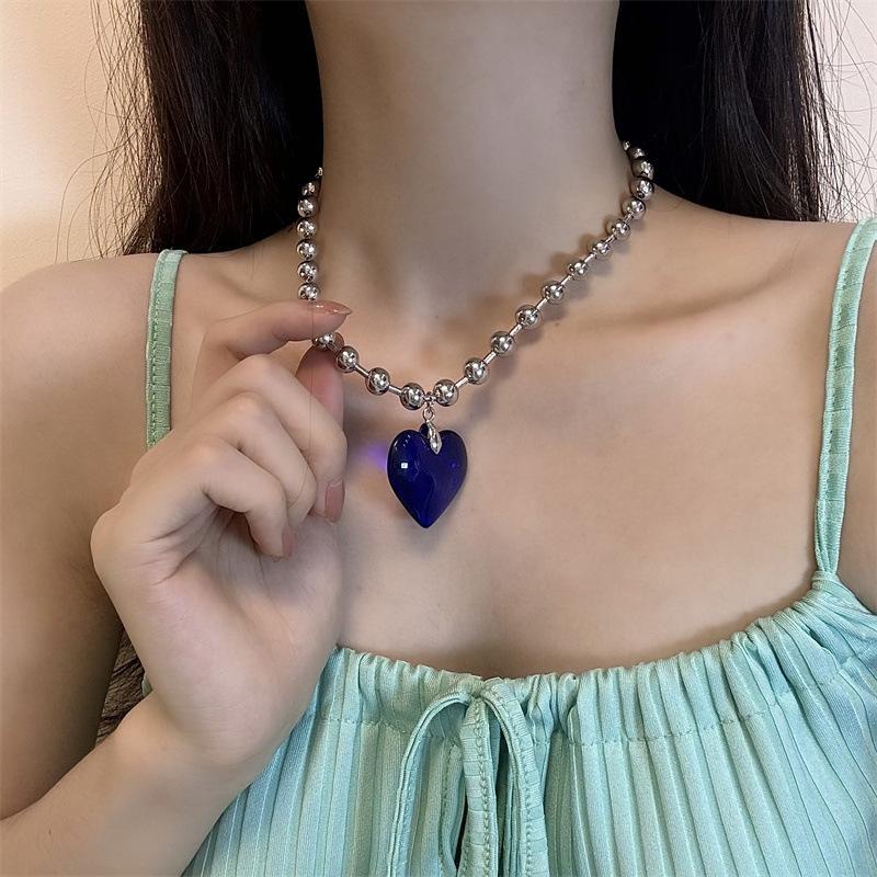 6 Colors Hip Hop Colorful Love Heart Pendant Necklace Women Punk Silver Color Beads Chain Grunge Jewelry Accessories Steampunk