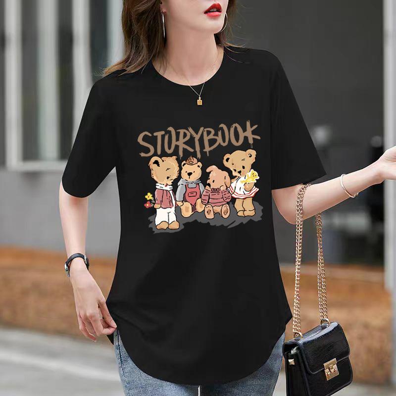 Dopamin Mittellanges Top Weißes T-Shirt für Damen im Sommer Reine Baumwolle Kurze Ärmel Vordere Schulter Rundhalsausschnitt Geschwungener Unterfuß