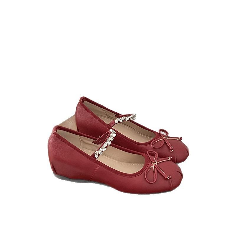 Bow Rhinestone Shallow Mouth Mary Jane Women's Shoes New with Skirt Inner Height Increase Ballet Shoes
