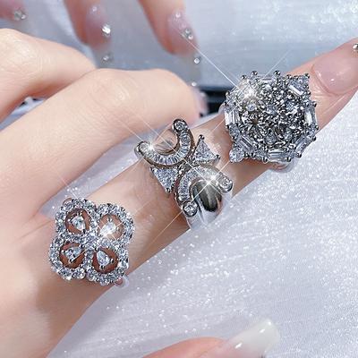 Niche Design Double C Four-Leaf Clover Exquisite Full Diamond Zir*****Pen Ring Cold Wind Light Luxury Index Finger Ring Female