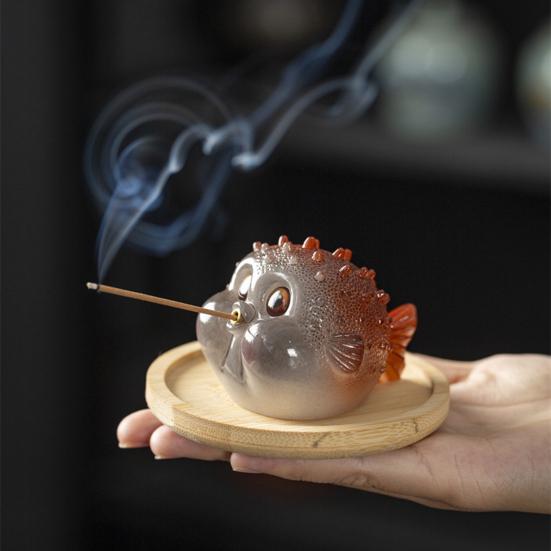 Pufferfish Incense Stick Holder Resin Globefish Tea Pet Figurine Incense Burner Home Office Tea Room Table Decoration Ornament