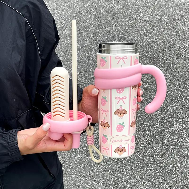 Cute Vacuum Thermos Bottle Double Wall Insulated Straw Tumbler Leakproof Tumbler with Handle Thermos for Car Camping Drinkware