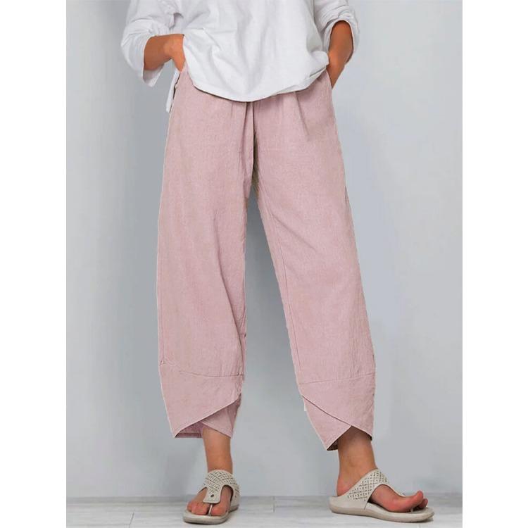 Elastische Taille Baumwolle Leinen Lose Freizeithosen Home Hosen Frauen 4XL rosa