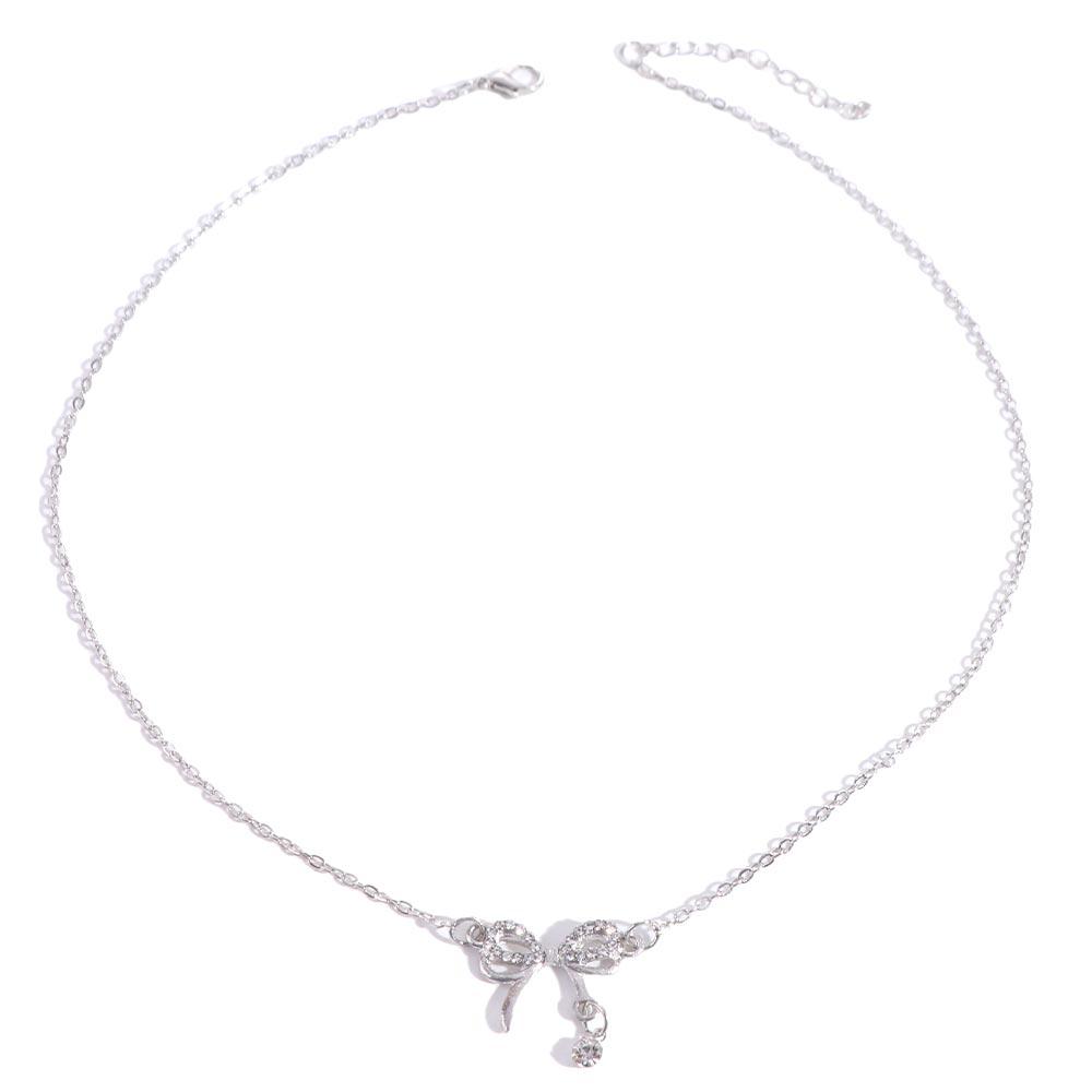Clavicle Chain Silver Bowknot Necklace Love Heart Pendant Simple Pendant Chain  Girls/Women