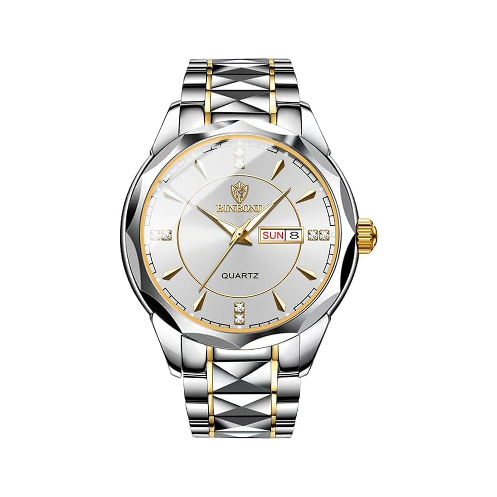 Men s Stainless Steel Analog Quartz Watch Silver Waterproof Date Day Display Adjustable
