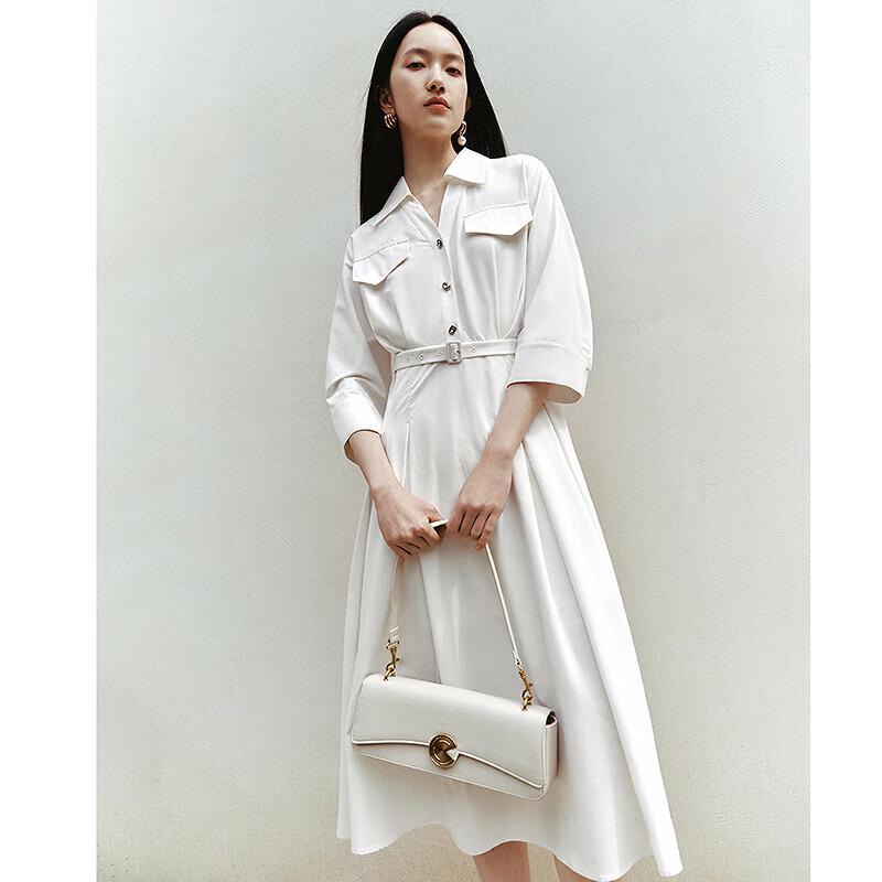 

PEACEBIRD Women s Lapel Belted Midi Shirt Dress S