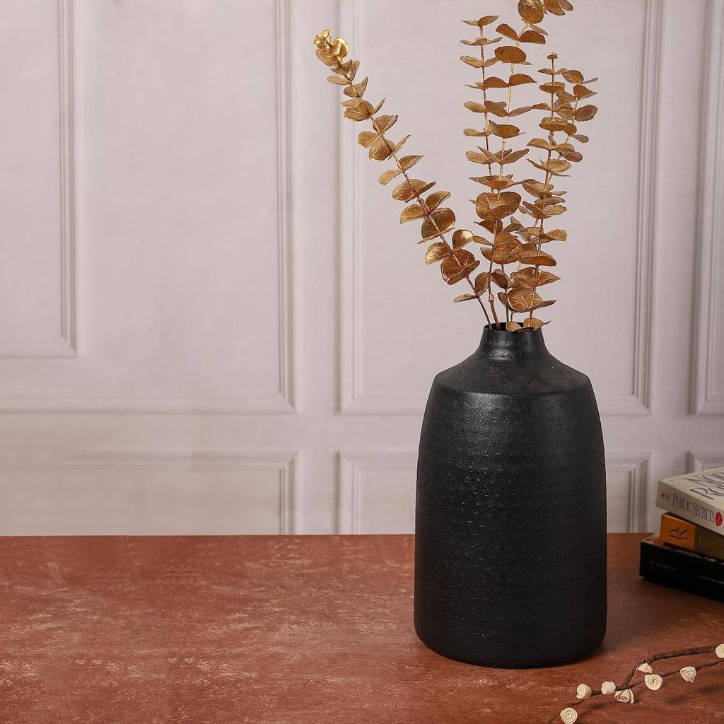 Metall Runde Vase für Wohnzimmer 12" X 7" Gehämmert Schwarz Vase für Trocken-/Kunstblumen, Vintage Deko für Wohnzimmer,