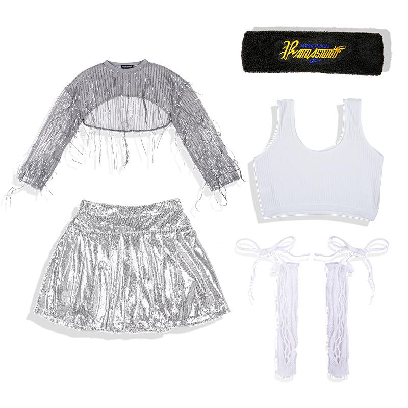 Girls' Sequin Tassel Jazz Dance Outfit - Mesh Long Sleeve & Pants Set for Street & Performance
