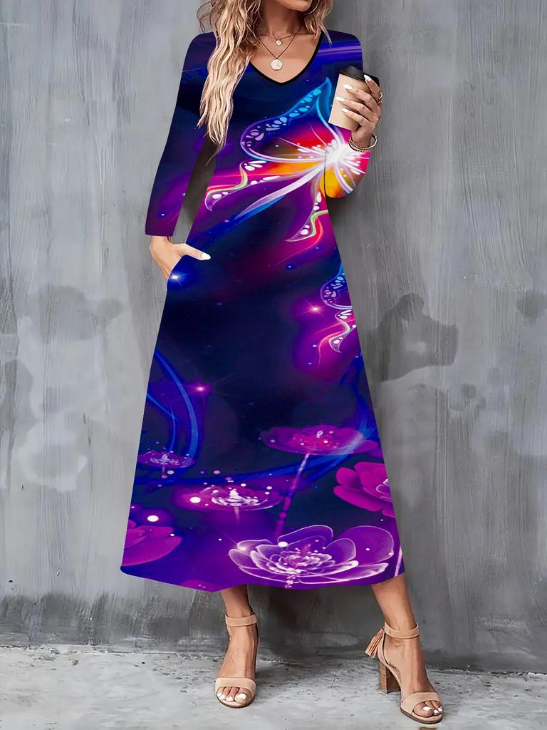 2025 Autumn and Winter New Women Casual Fashion Dress 3D Flying Butterflies Print  Long Sleeve V-Neck A-Line Dresses