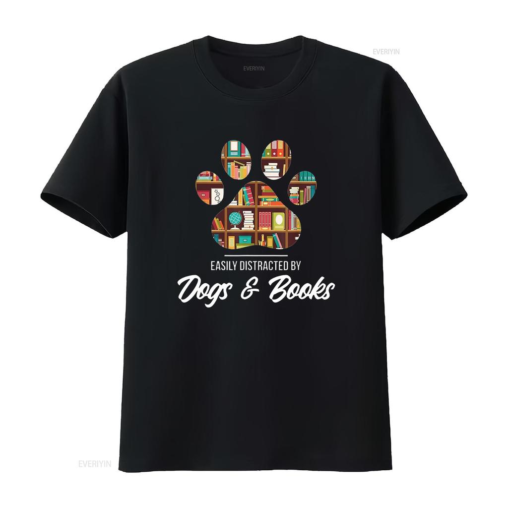 Easily Distracted By Dogs And Books Animal Lover T Shirt vintage Washed fashion Top For Everyday Wear homme Breathable