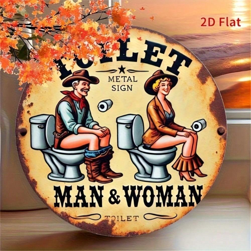 Vintage Western Toilet Sign Metal Wall Poster, Man Woman Figure for Bathroom