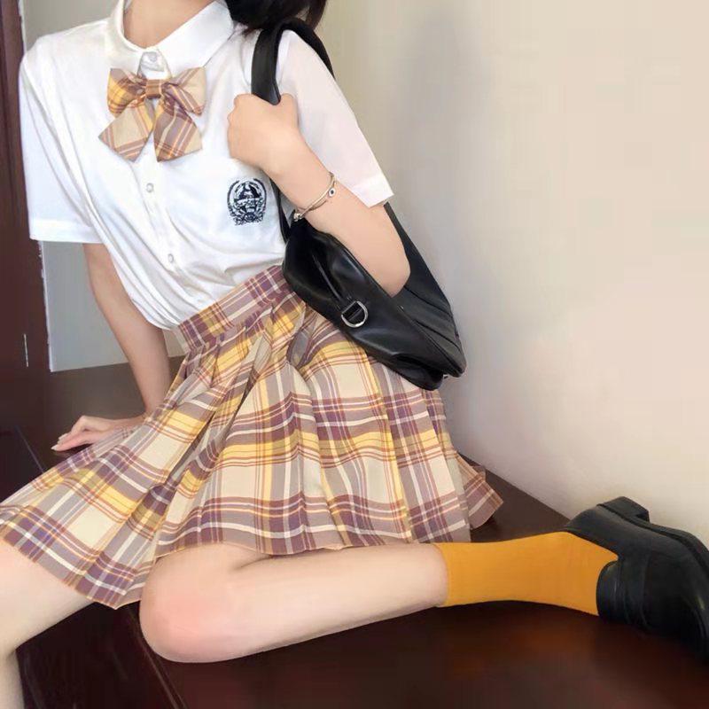 Gentle Blade Authentic JK Uniform: Plaid Pleated Skirt & College Style Short Shirt Set